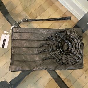 NWT C'est Chic Vegan Metallic Leather Clutch with Floral Design